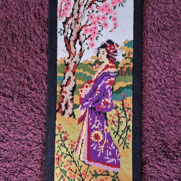 Vintage Needlepoint Geisha Girl  under Cherry Blossom tree--Finished - Picture 1 of 7